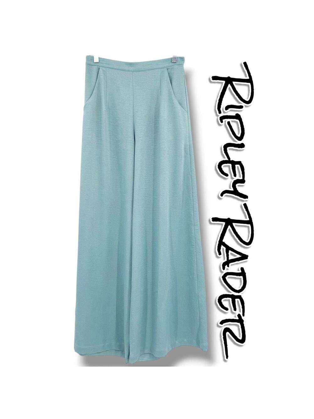 Ripley Rader Satin Wide Leg Pants Aqua Blue High Waist Flowy Sz 2 Quiet Luxury
